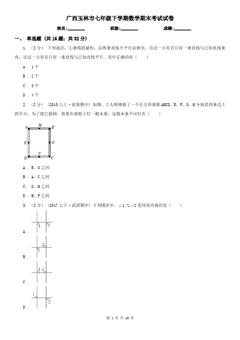 广西玉林市七年级下学期数学期末考试试卷