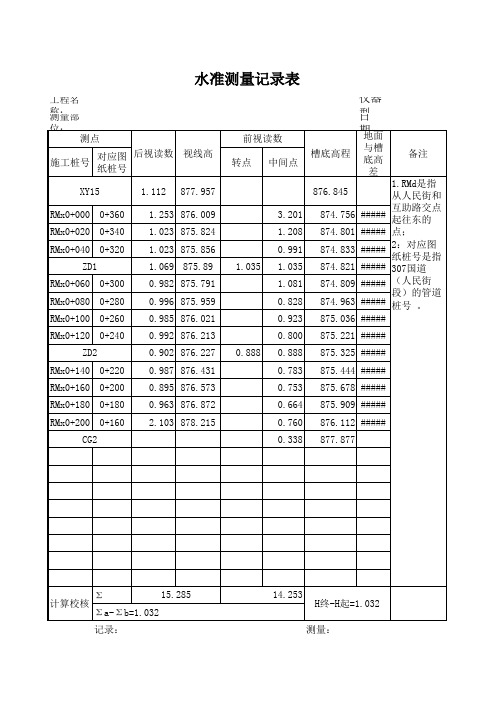 水准测量记录表及计算过程