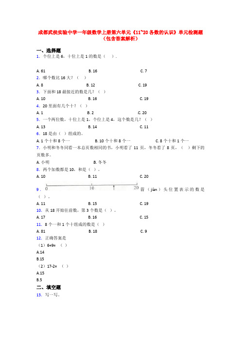 成都武侯实验中学一年级数学上册第六单元《11~20各数的认识》单元检测题(包含答案解析)