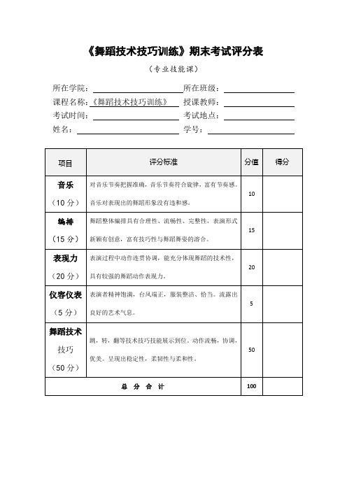 《舞蹈技术技巧训练》期末考试评分表