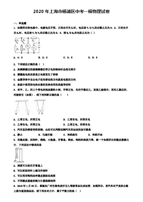 2020年上海市杨浦区中考一模物理试卷(含答案解析)