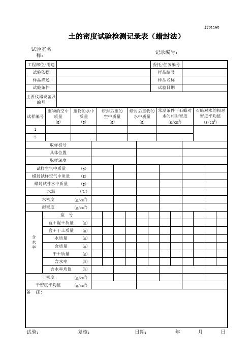 土的密度试验记录表(蜡封法)