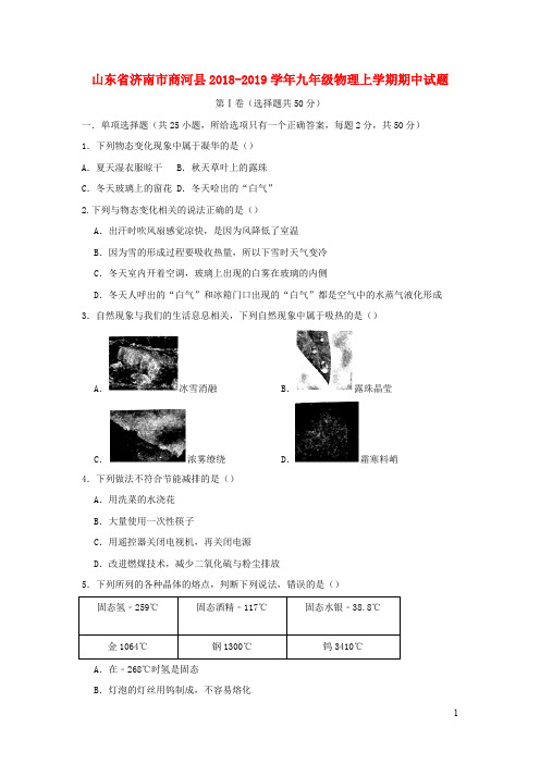 山东省济南市商河县2018_2019学年九年级物理上学期期中试题