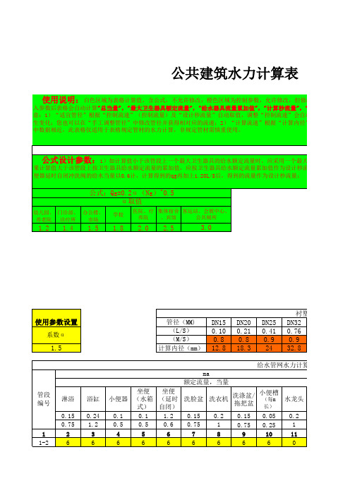 公共建筑给水管径流量计算表(V1.0)