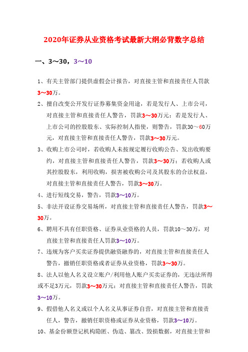 2020年证券从业资格考试最新大纲必背数字总结