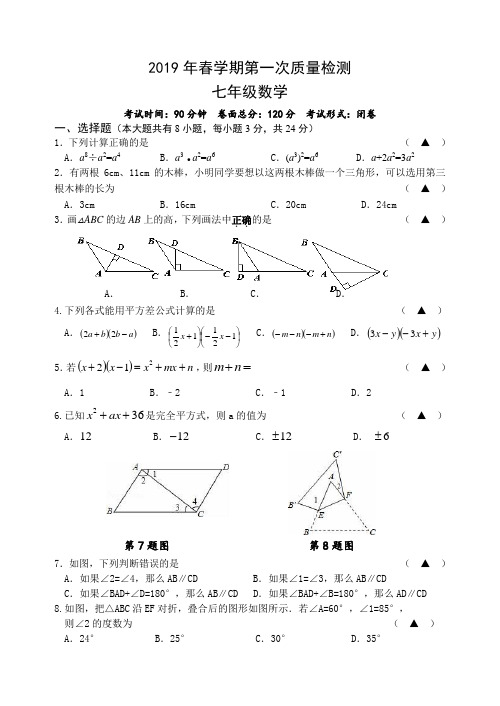 2019年春学期第一次质量检测七年级数学试卷