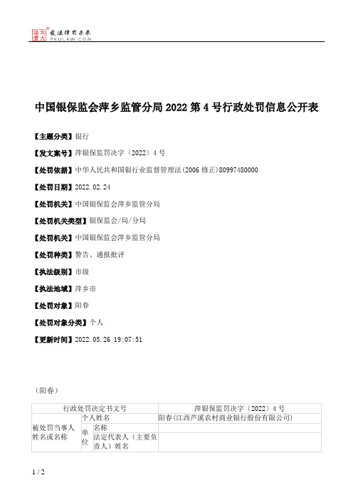 中国银保监会萍乡监管分局2022第4号行政处罚信息公开表