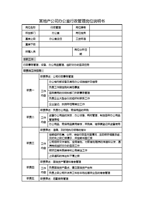 某地产公司办公室行政管理岗位说明书