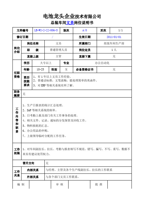 电池龙头企业文员岗位说明书