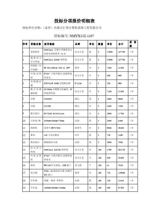 投标分项报价明细表
