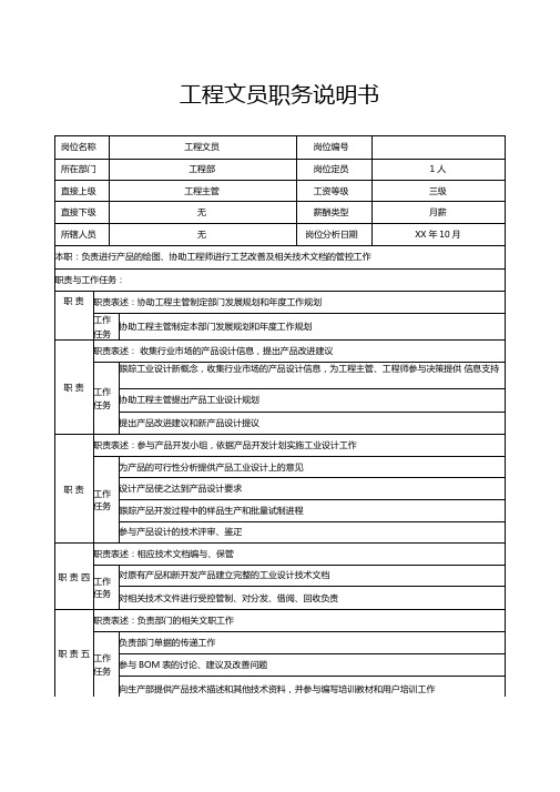 工程文员职务说明书