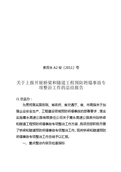 关于上报开展桥梁和隧道预防坍塌事故专项整治工作的总结报告