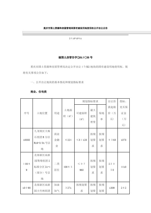 自-重庆市国土资源和房屋管理局国有建设用地使用权公开出让公告 