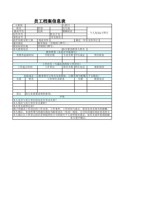 实用员工档案信息表模版