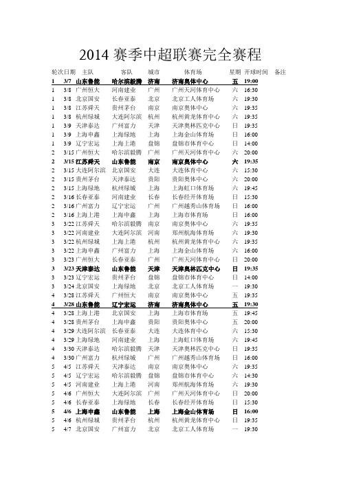 2014赛季中超联赛完全赛程