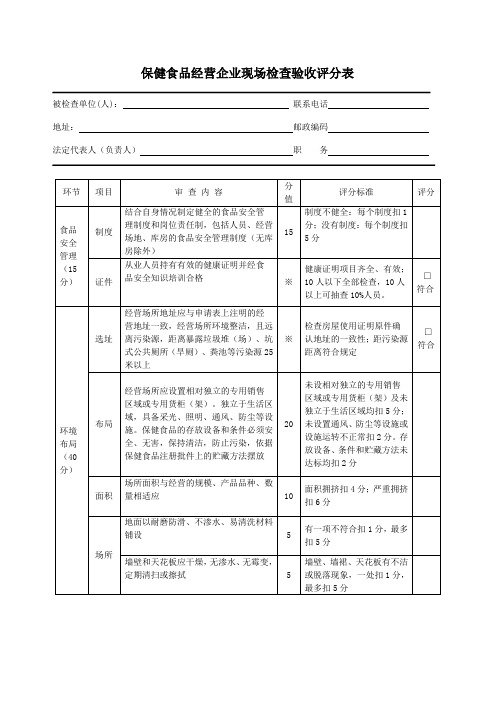 保健食品经营企业现场检查验收评分表