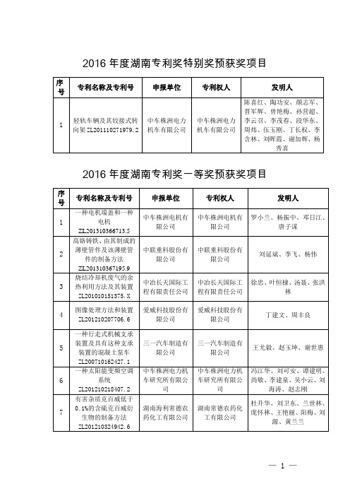 2016年度湖南专利奖评审结果公示