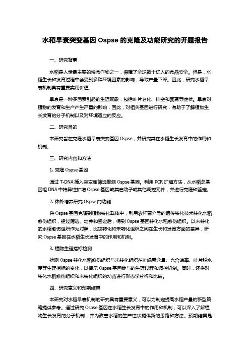 水稻早衰突变基因Ospse的克隆及功能研究的开题报告