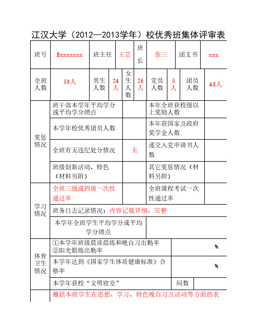 校优秀班集体评审表