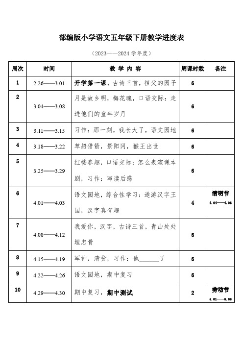 2024年春学期部编版小学语文五年级下册教学进度表