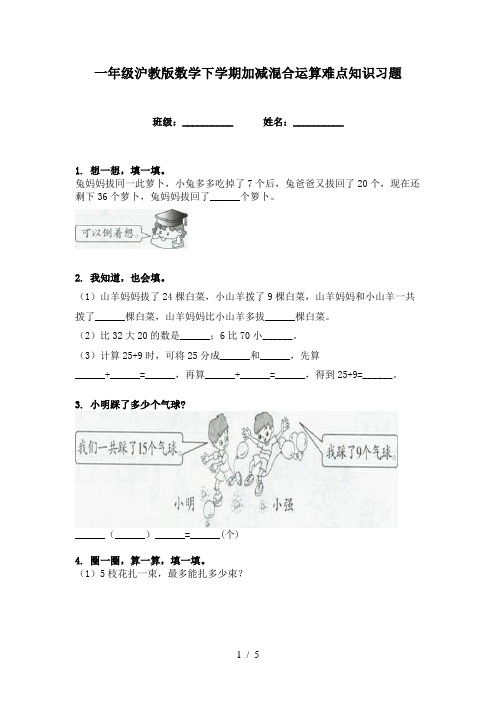 一年级沪教版数学下学期加减混合运算难点知识习题