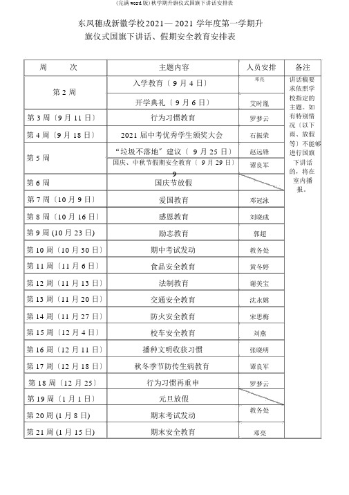 (完整word版)秋学期升旗仪式国旗下讲话安排表