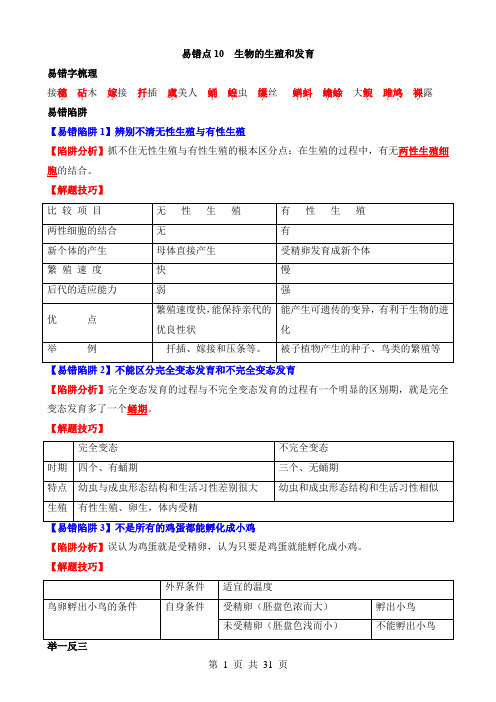 2024中考生物易错题易错点10 生物的生殖和发育