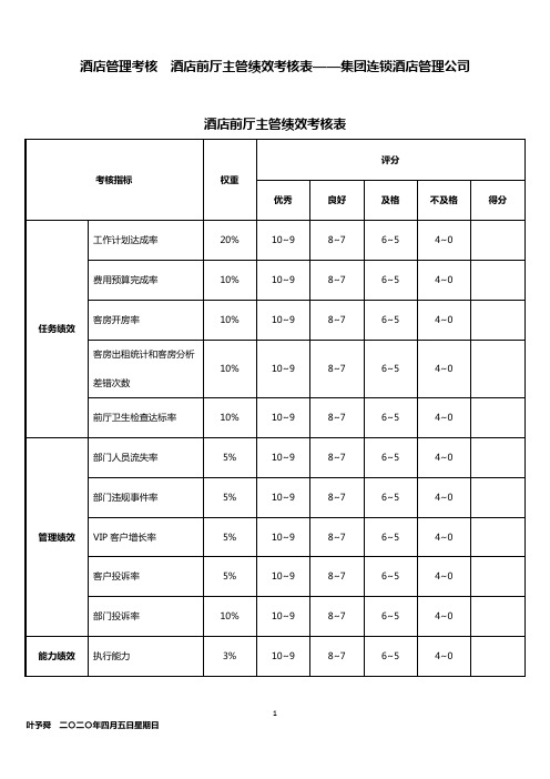 酒店管理考核  酒店前厅主管绩效考核表——集团连锁酒店管理公司2032(叶予舜)