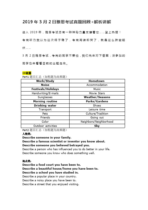 2019年3月2日雅思考试真题回顾及解析讲解