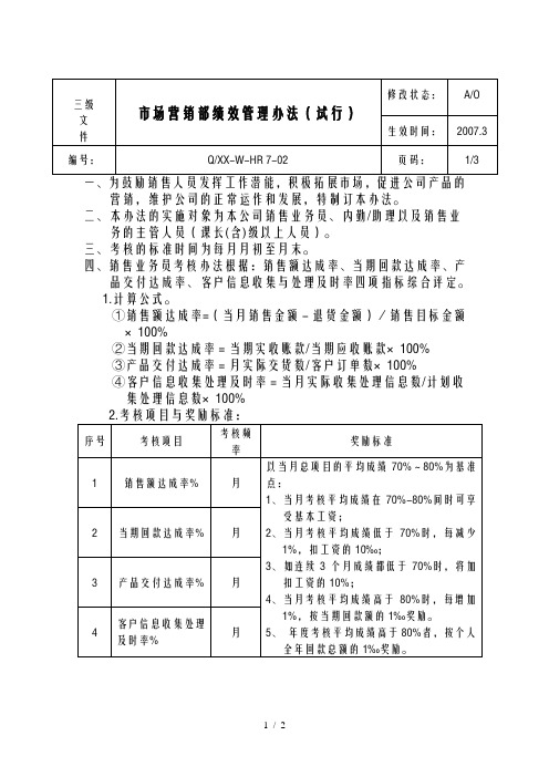 模具制造业市场营销部考核办法