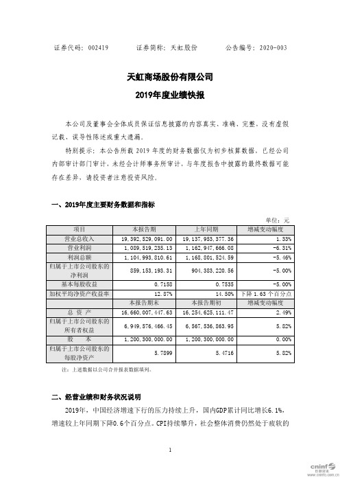 天虹股份：2019年度业绩快报