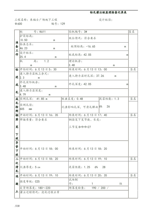 钻孔灌注桩旁站记录表