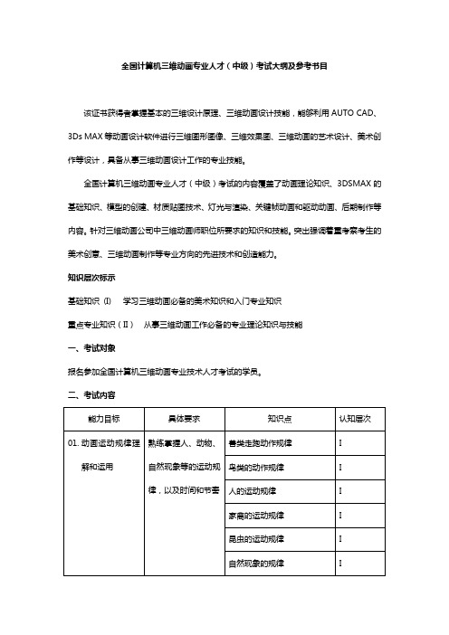 全国计算机三维动画专业人才(中级)考试大纲及参考书目