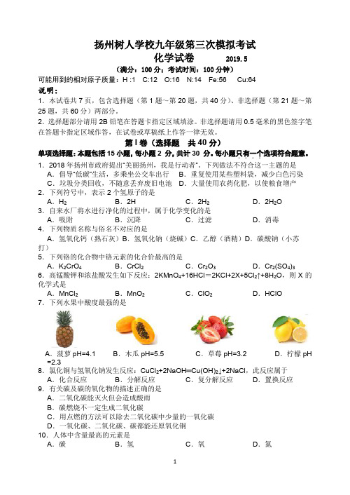 扬州树人学校2019年中考九年级第三次模拟考试化学试卷(含答案)