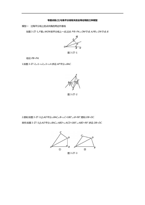 2020年中考数学专题训练(三)与角平分线有关的全等证明的三种模型