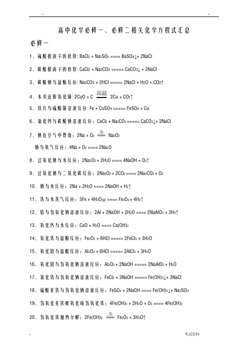 高中化学必修一二化学方程式汇总