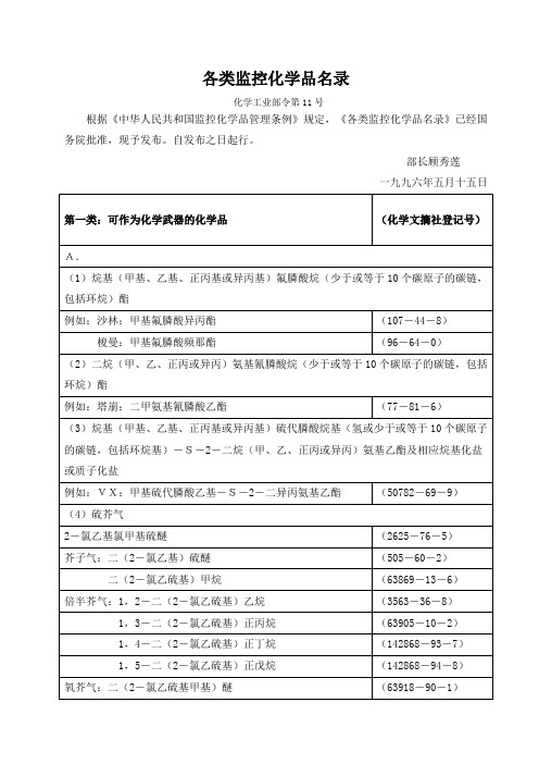 各类监控化学品名录