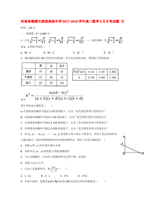 河南省鹤壁市淇滨高级中学2017-2018学年高二数学3月月考试题 文