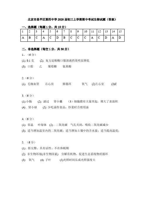 北京市昌平区第四中学2020届初三上学期期中考试生物试题(答案)