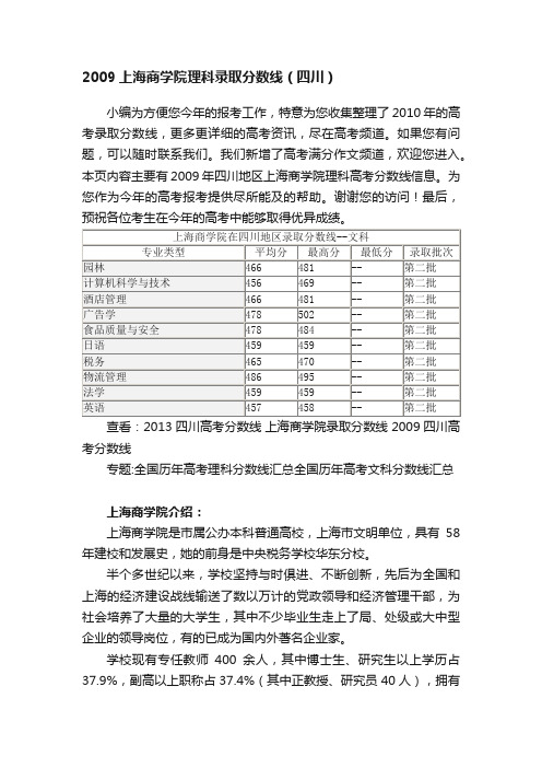 2009上海商学院理科录取分数线（四川）