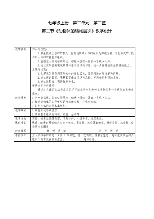 初中生物_动物体的结构层次教学设计学情分析教材分析课后反思