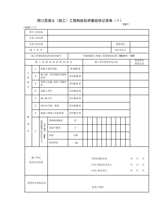 隧道洞口混凝土(施工)工程检验批质量验收记录表