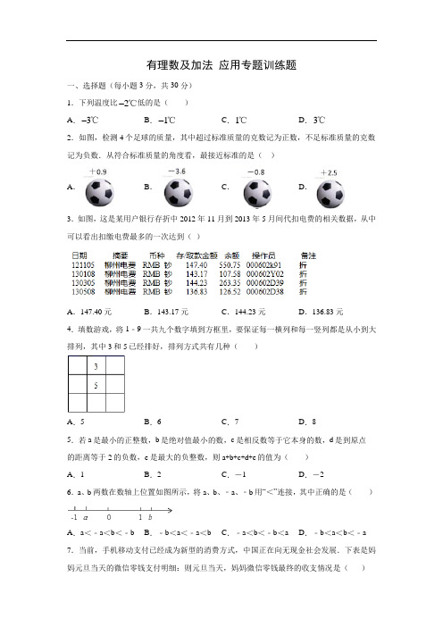 2020年秋人教版七年级数学上册 1.2-1.3有理数及加法 应用专题训练题