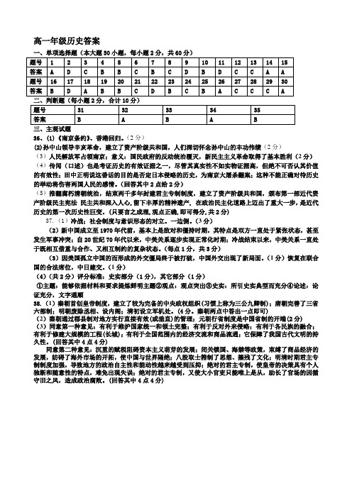 东海县2012-2013学年度第一学期期中调研考试(高一历史答案)