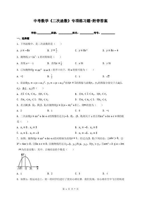 中考数学《二次函数》专项练习题-附带答案