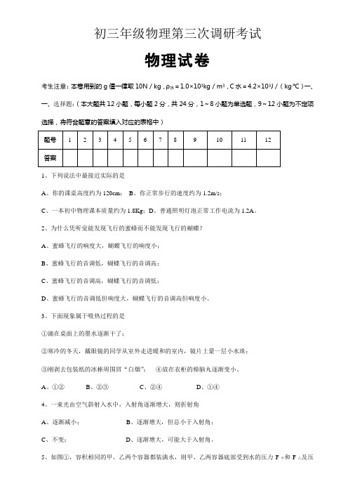 初三年级物理第三次调研考试附答案