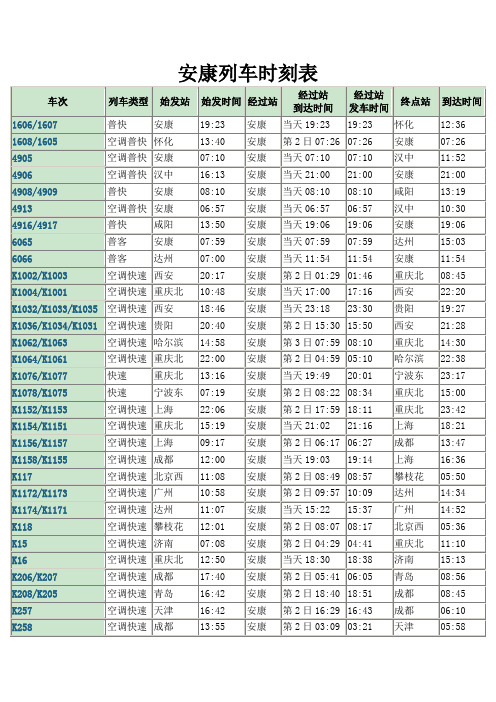 安康列车时刻表