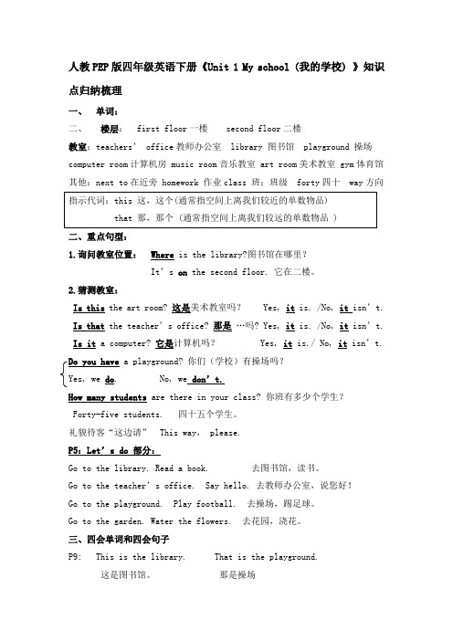 人教PEP版四年级英语下册《Unit 1 My school (我的学校) 》知识点归纳梳理