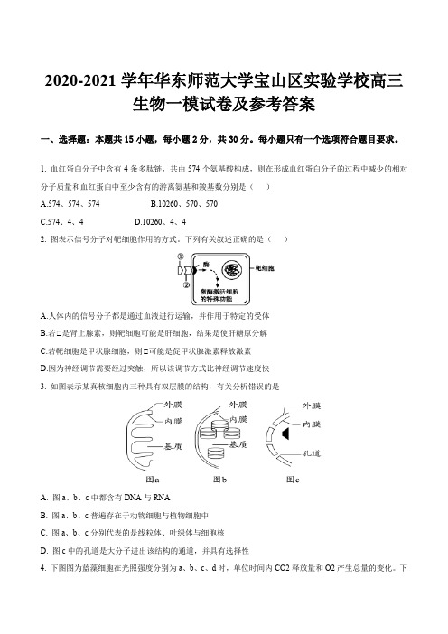 2020-2021学年华东师范大学宝山区实验学校高三生物一模试卷及参考答案