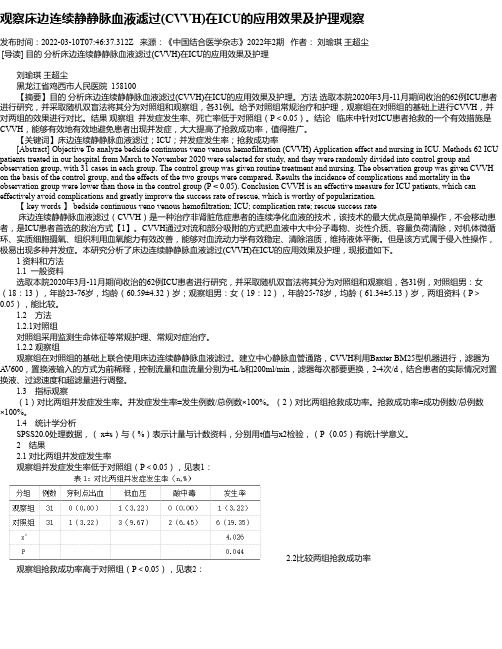 观察床边连续静静脉血液滤过(CVVH)在ICU的应用效果及护理观察